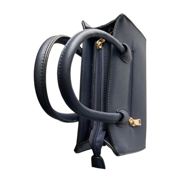 Small Navy Faux Leather Blue Handbag With Gold Accents & Double Handles Classy - Picture 3 of 9